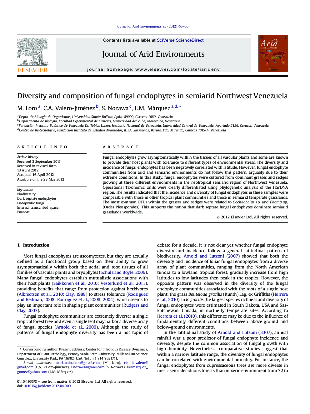 Diversity and composition of fungal endophytes in semiarid Northwest Venezuela