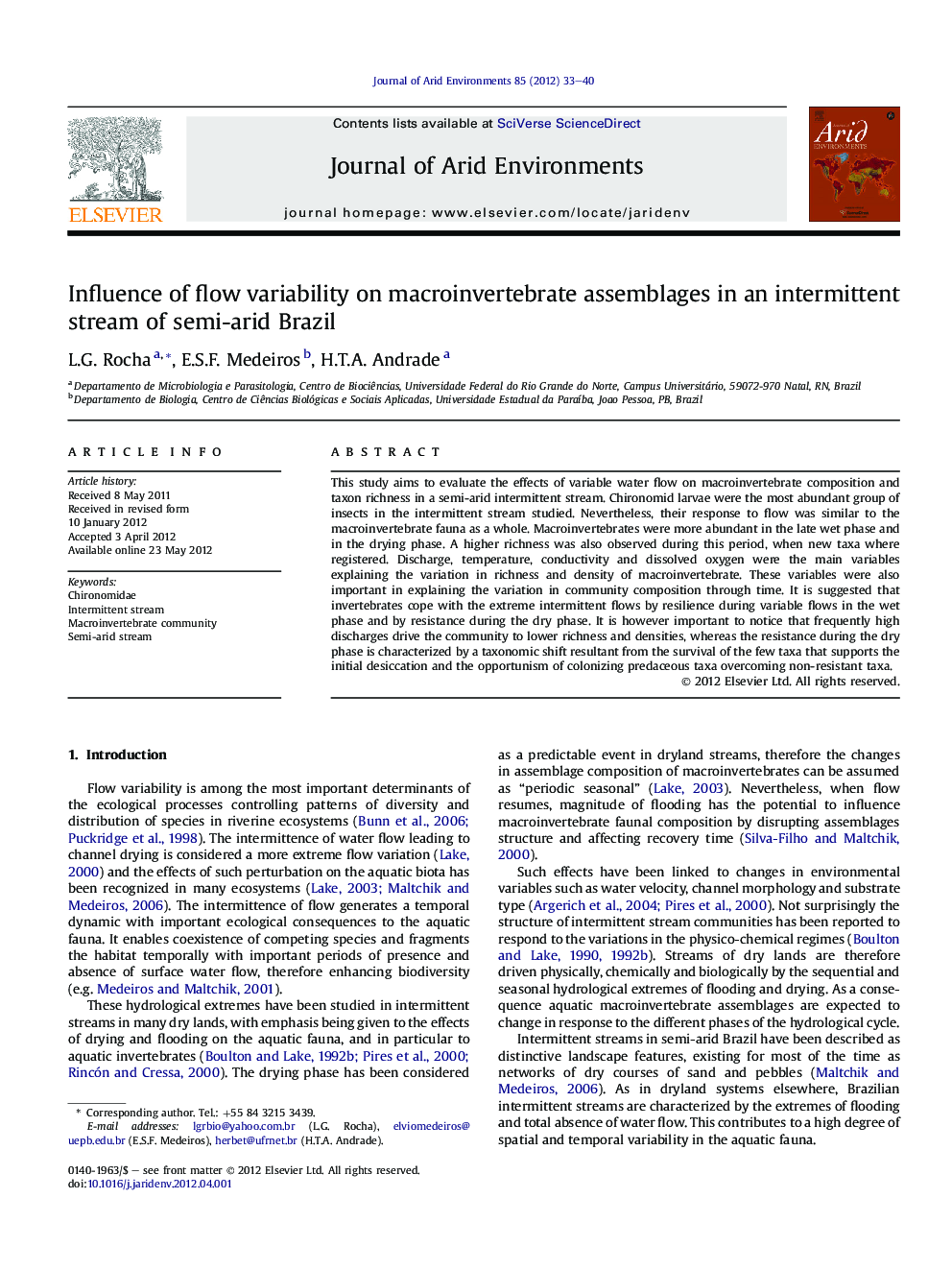 Influence of flow variability on macroinvertebrate assemblages in an intermittent stream of semi-arid Brazil