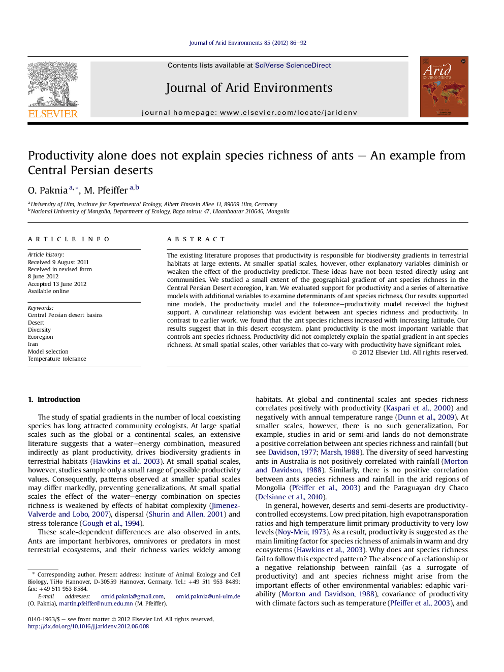 Productivity alone does not explain species richness of ants - An example from Central Persian deserts