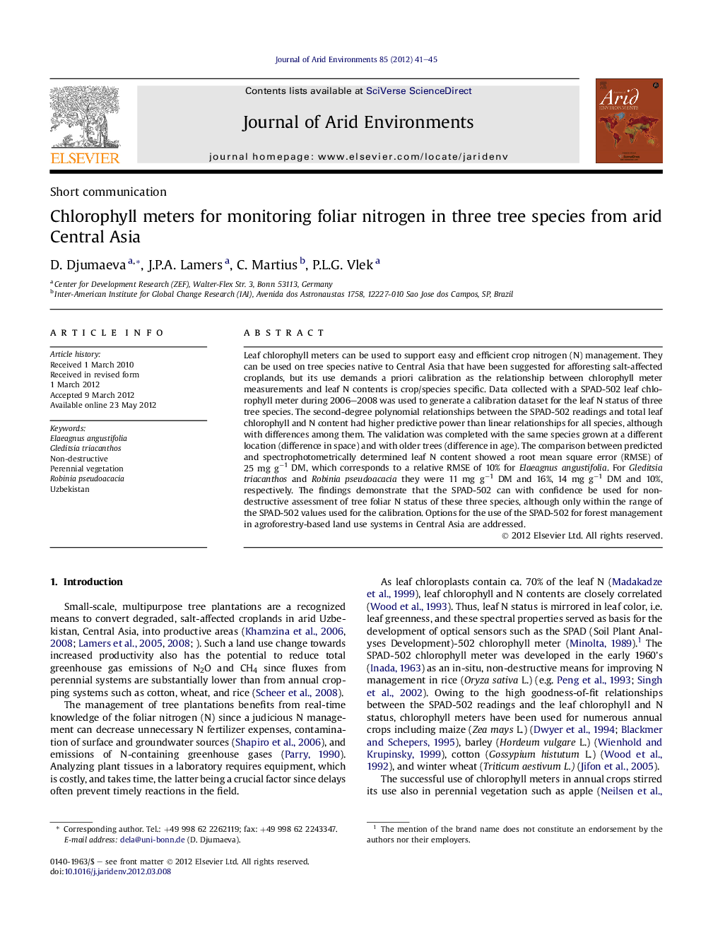 Chlorophyll meters for monitoring foliar nitrogen in three tree species from arid Central Asia