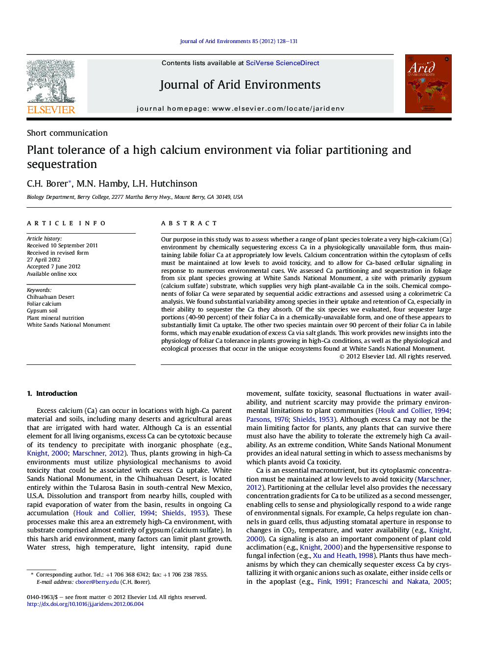 Plant tolerance of a high calcium environment via foliar partitioning and sequestration