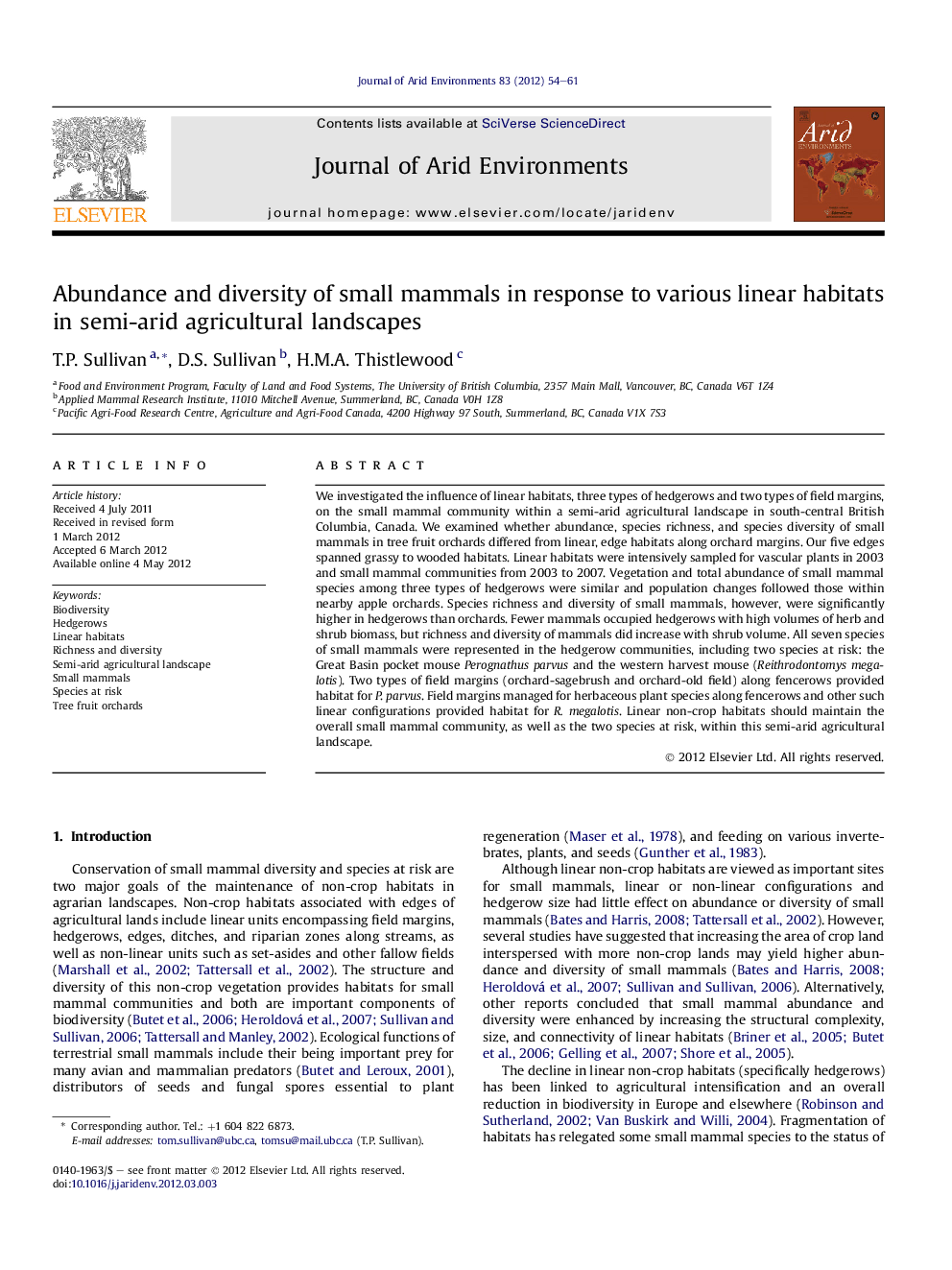 Abundance and diversity of small mammals in response to various linear habitats in semi-arid agricultural landscapes