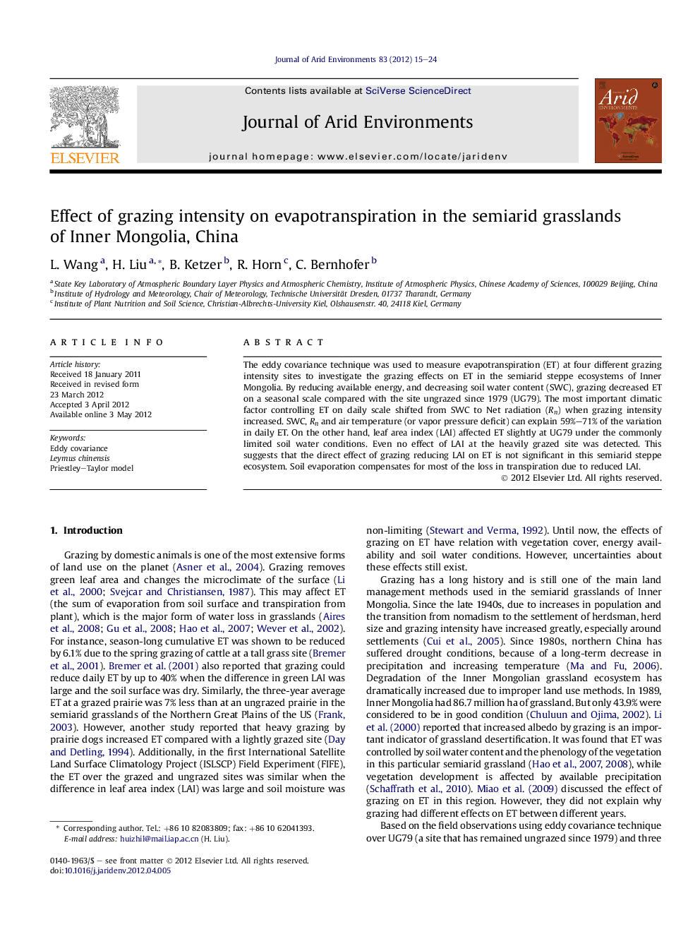 Effect of grazing intensity on evapotranspiration in the semiarid grasslands of Inner Mongolia, China