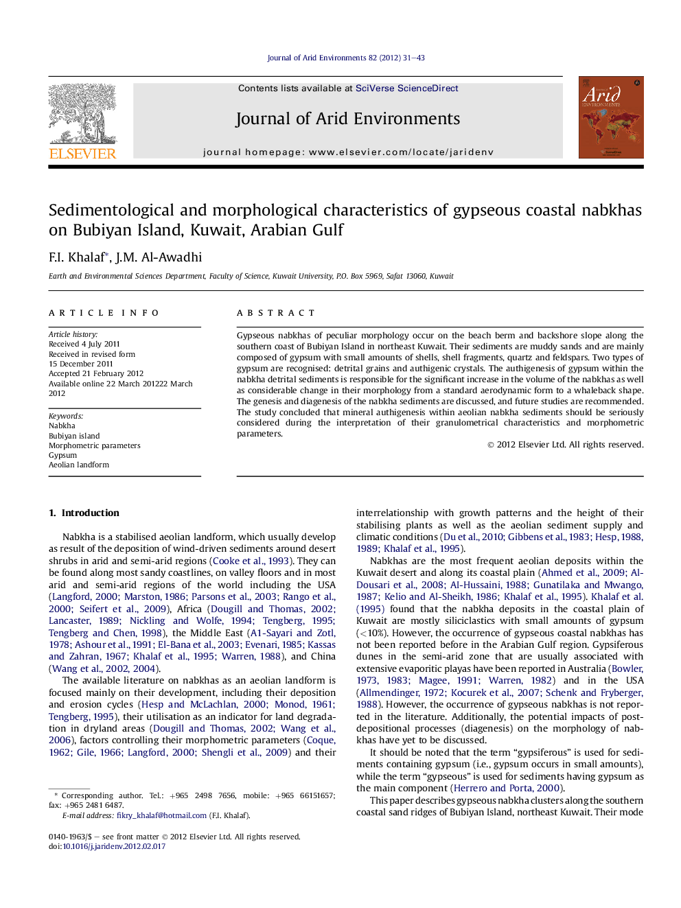 Sedimentological and morphological characteristics of gypseous coastal nabkhas on Bubiyan Island, Kuwait, Arabian Gulf