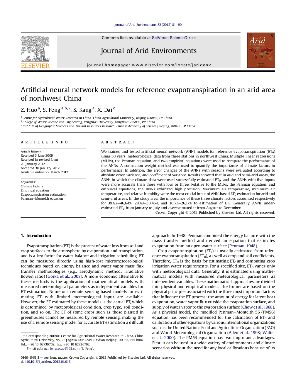 Artificial neural network models for reference evapotranspiration in an arid area of northwest China