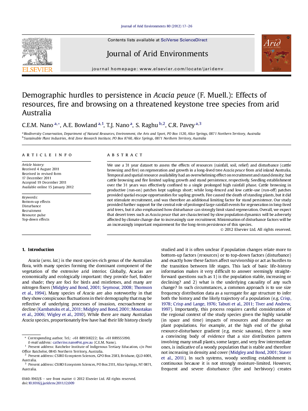 Demographic hurdles to persistence in Acacia peuce (F. Muell.): Effects of resources, fire and browsing on a threatened keystone tree species from arid Australia