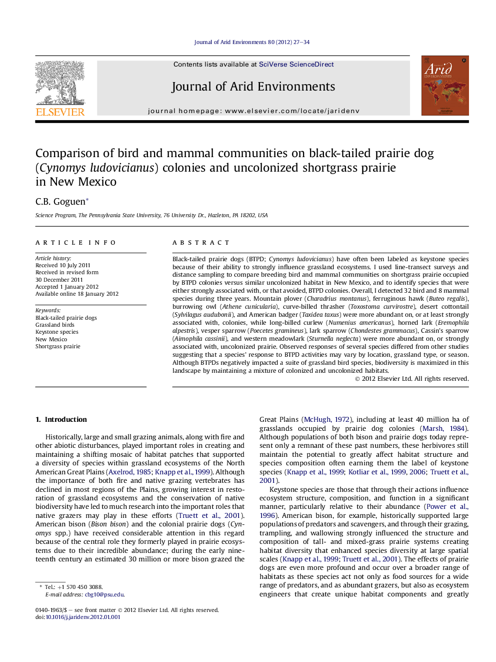 Comparison of bird and mammal communities on black-tailed prairie dog (Cynomys ludovicianus) colonies and uncolonized shortgrass prairie in New Mexico