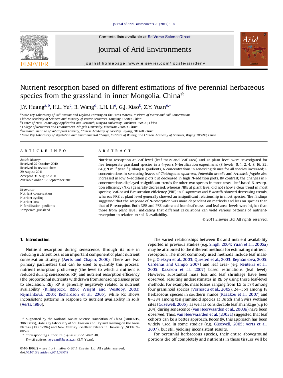 Nutrient resorption based on different estimations of five perennial herbaceous species from the grassland in inner Mongolia, China 