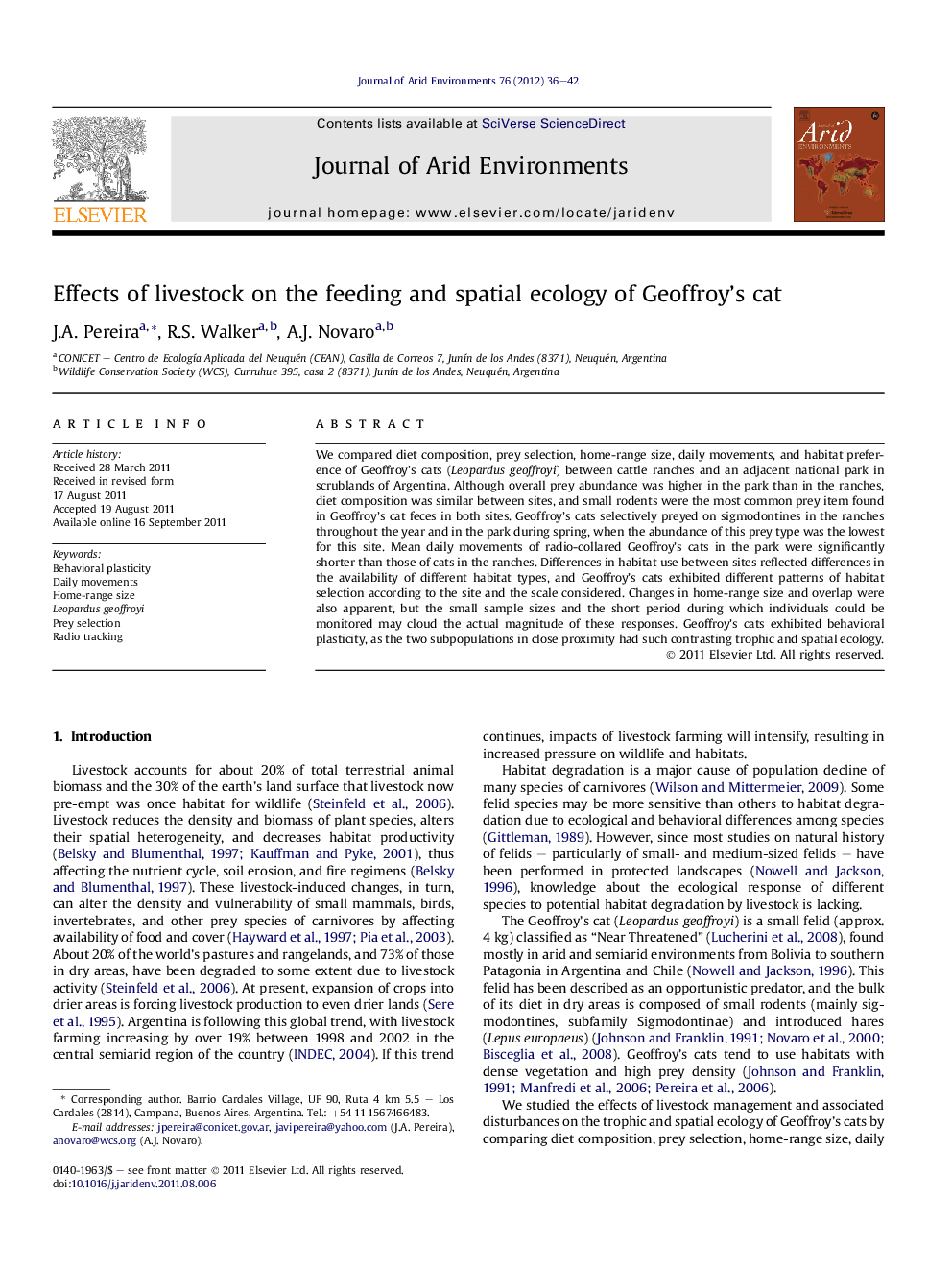 Effects of livestock on the feeding and spatial ecology of Geoffroy's cat