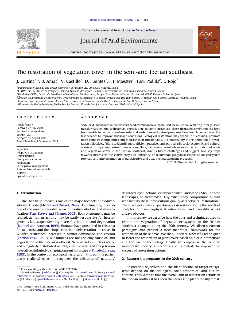عکس صفحه اول مقاله: The restoration of vegetation cover in the semi-arid Iberian southeast The restoration of vegetation cover in the semi-arid Iberian southeast