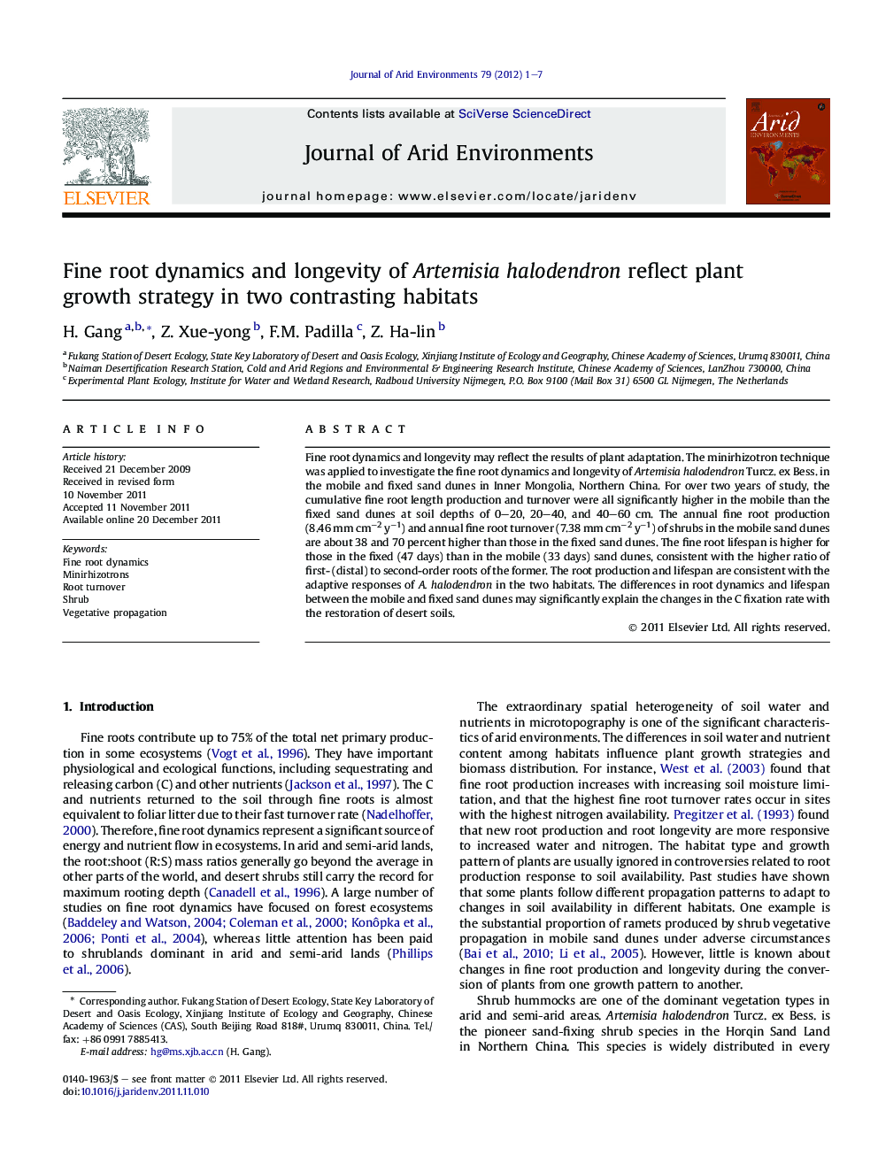 Fine root dynamics and longevity of Artemisia halodendron reflect plant growth strategy in two contrasting habitats