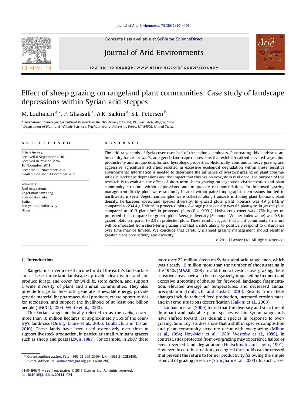 Effect of sheep grazing on rangeland plant communities: Case study of landscape depressions within Syrian arid steppes