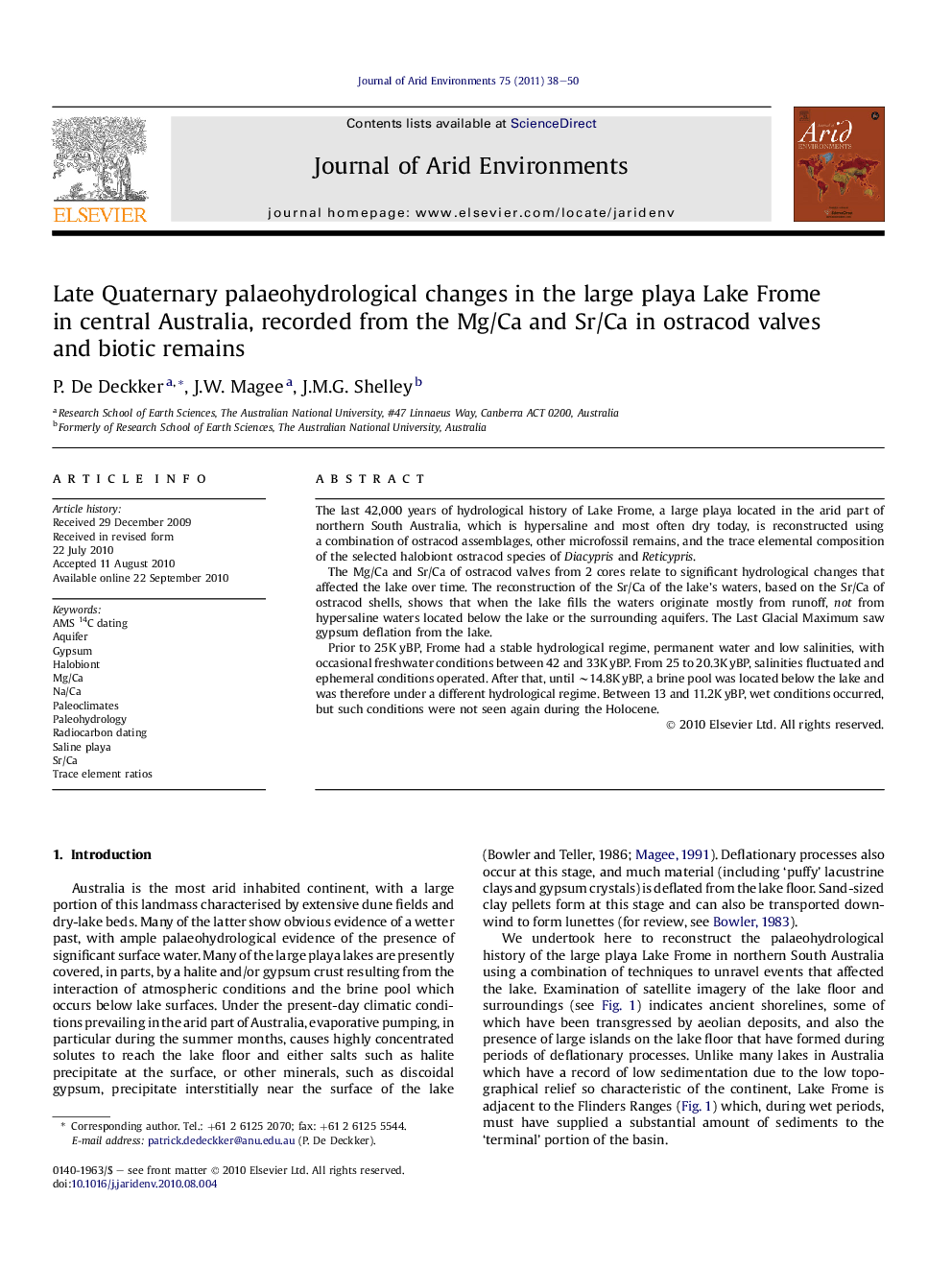 Late Quaternary palaeohydrological changes in the large playa Lake Frome in central Australia, recorded from the Mg/Ca and Sr/Ca in ostracod valves and biotic remains