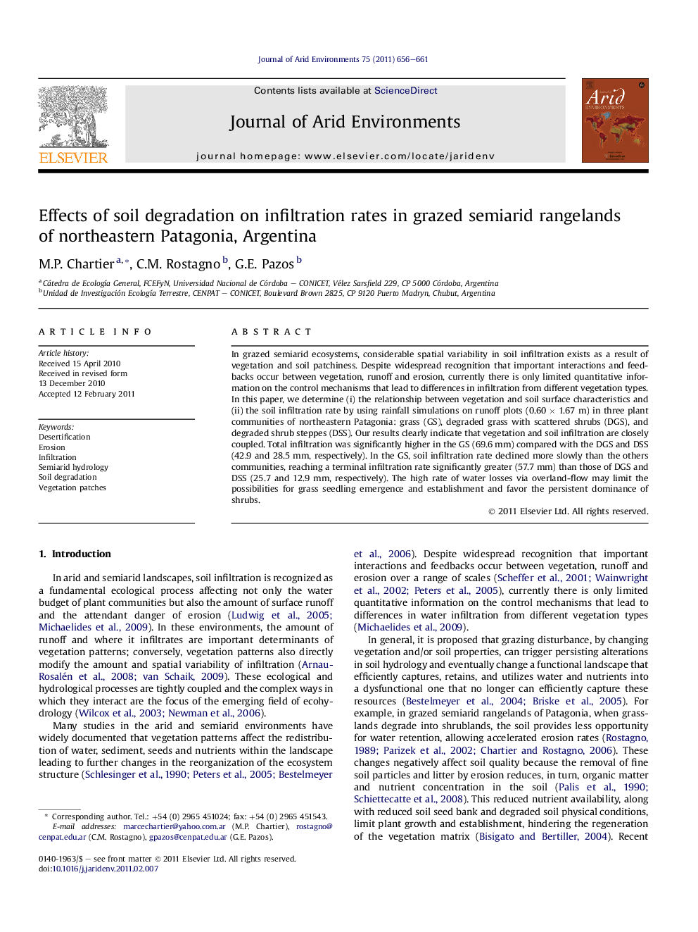 Effects of soil degradation on infiltration rates in grazed semiarid rangelands ofÂ northeastern Patagonia, Argentina