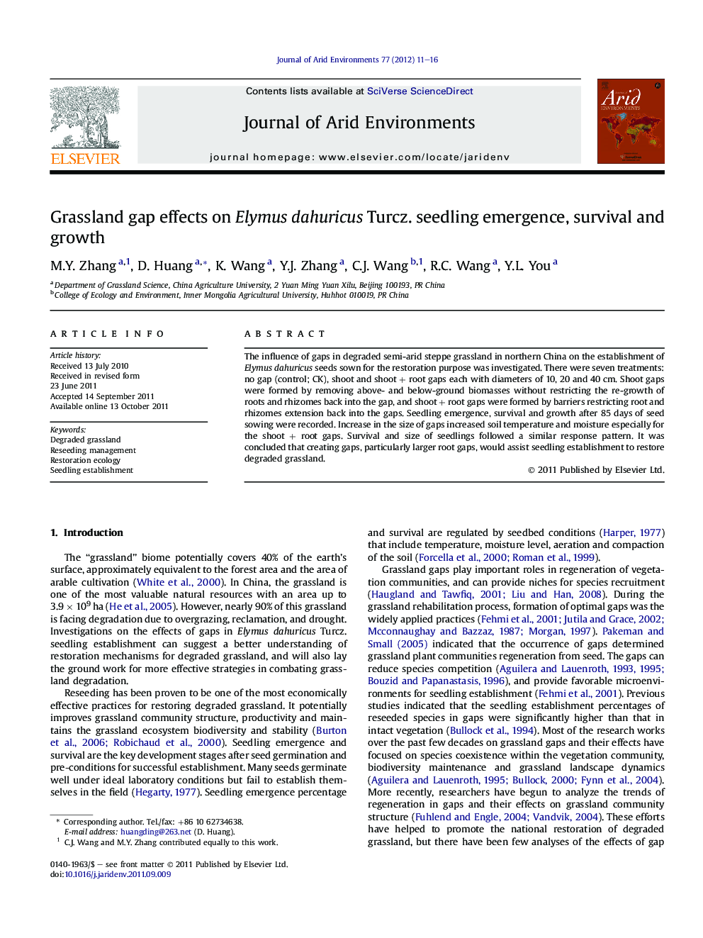 Grassland gap effects on Elymus dahuricus Turcz. seedling emergence, survival and growth