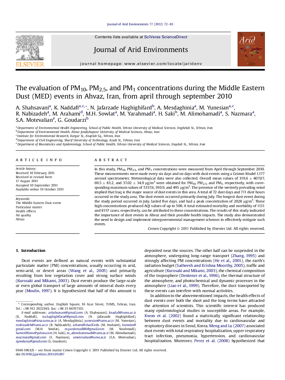 The evaluation of PM10, PM2.5, and PM1 concentrations during the Middle Eastern Dust (MED) events in Ahvaz, Iran, from april through september 2010