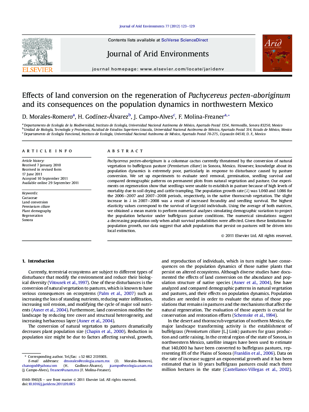 Effects of land conversion on the regeneration of Pachycereus pecten-aboriginum and its consequences on the population dynamics in northwestern Mexico