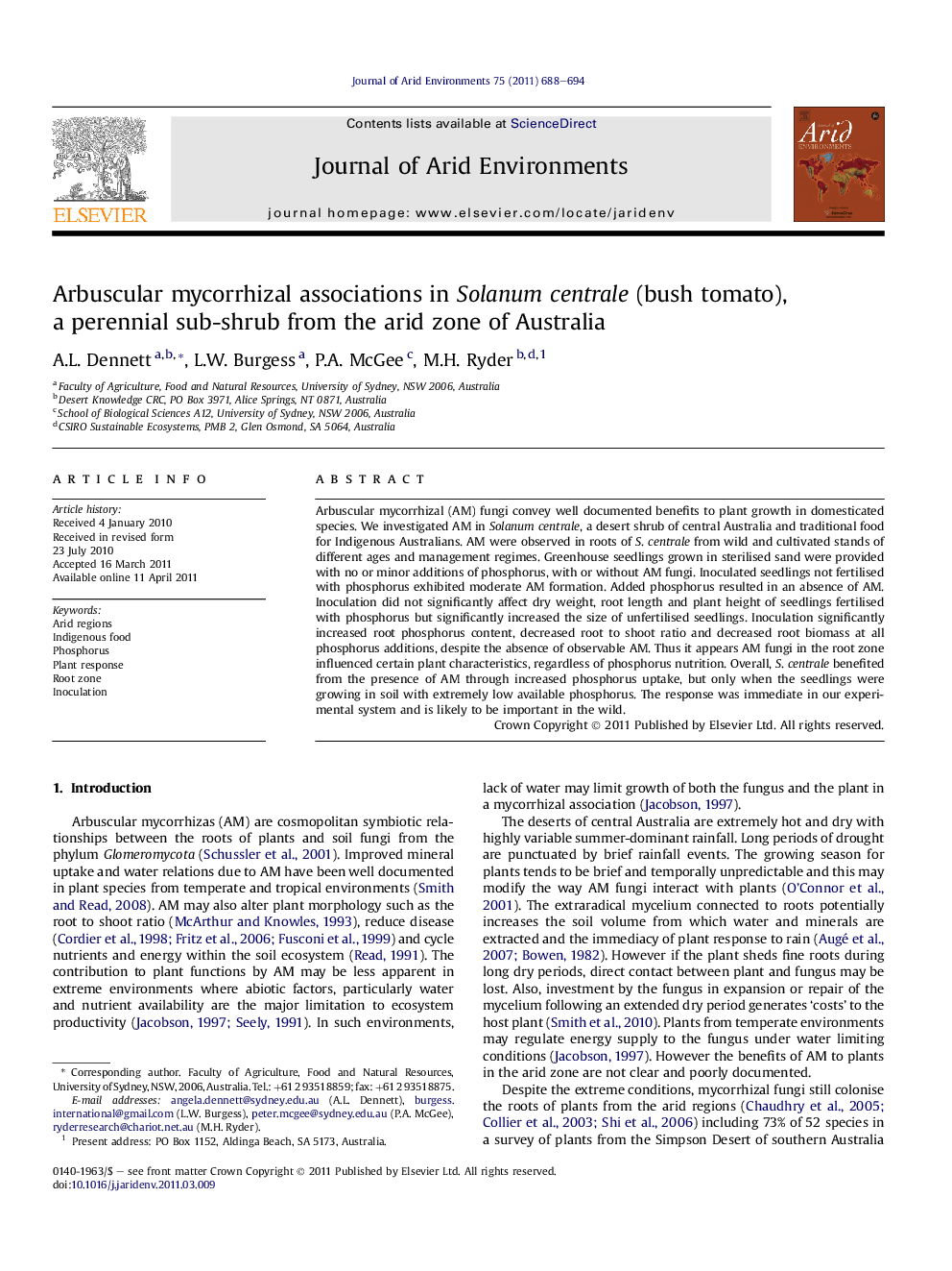 Arbuscular mycorrhizal associations in Solanum centrale (bush tomato), a perennial sub-shrub from the arid zone of Australia