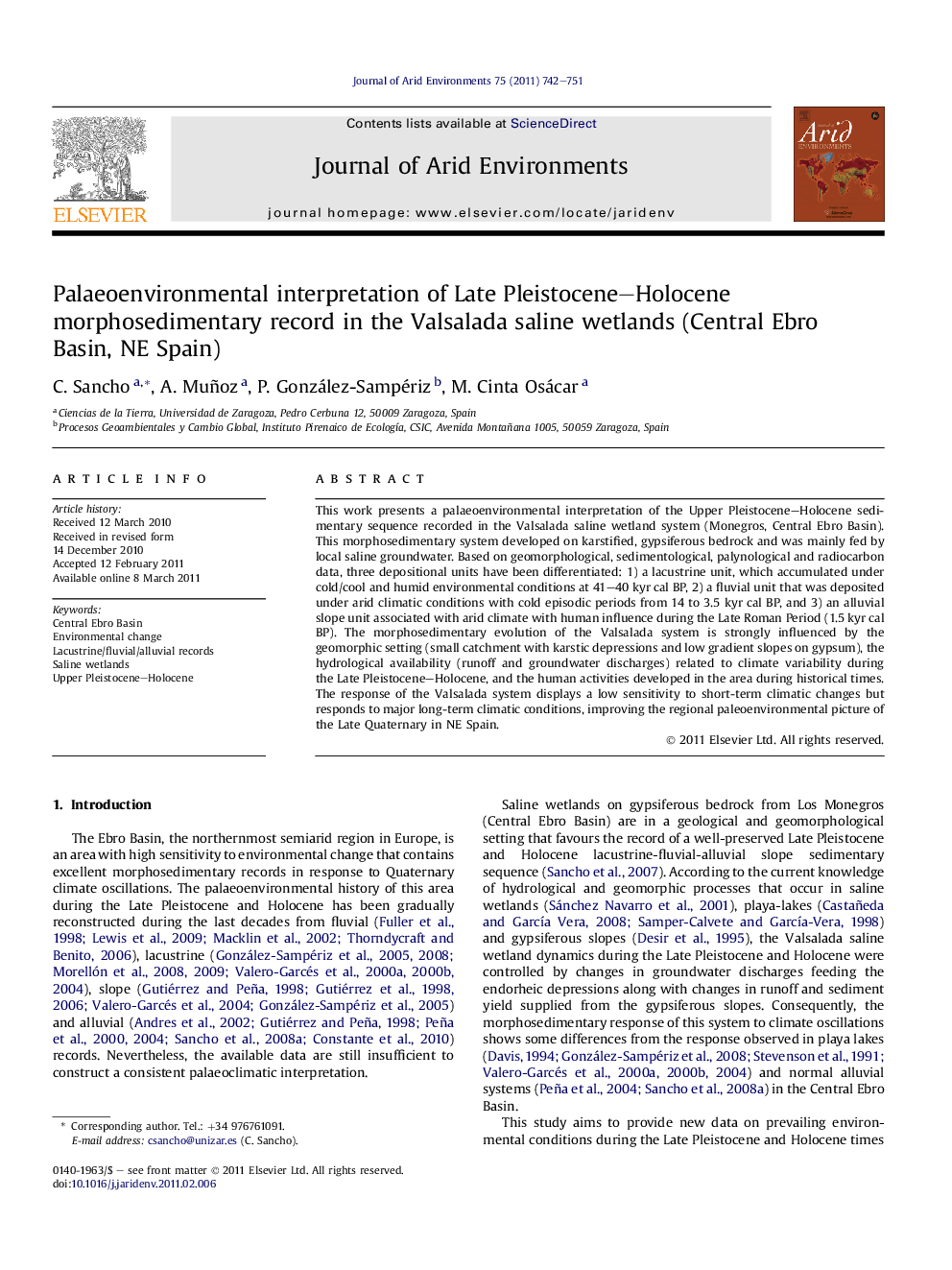 Palaeoenvironmental interpretation of Late Pleistocene-Holocene morphosedimentary record in the Valsalada saline wetlands (Central Ebro Basin,Â NE Spain)