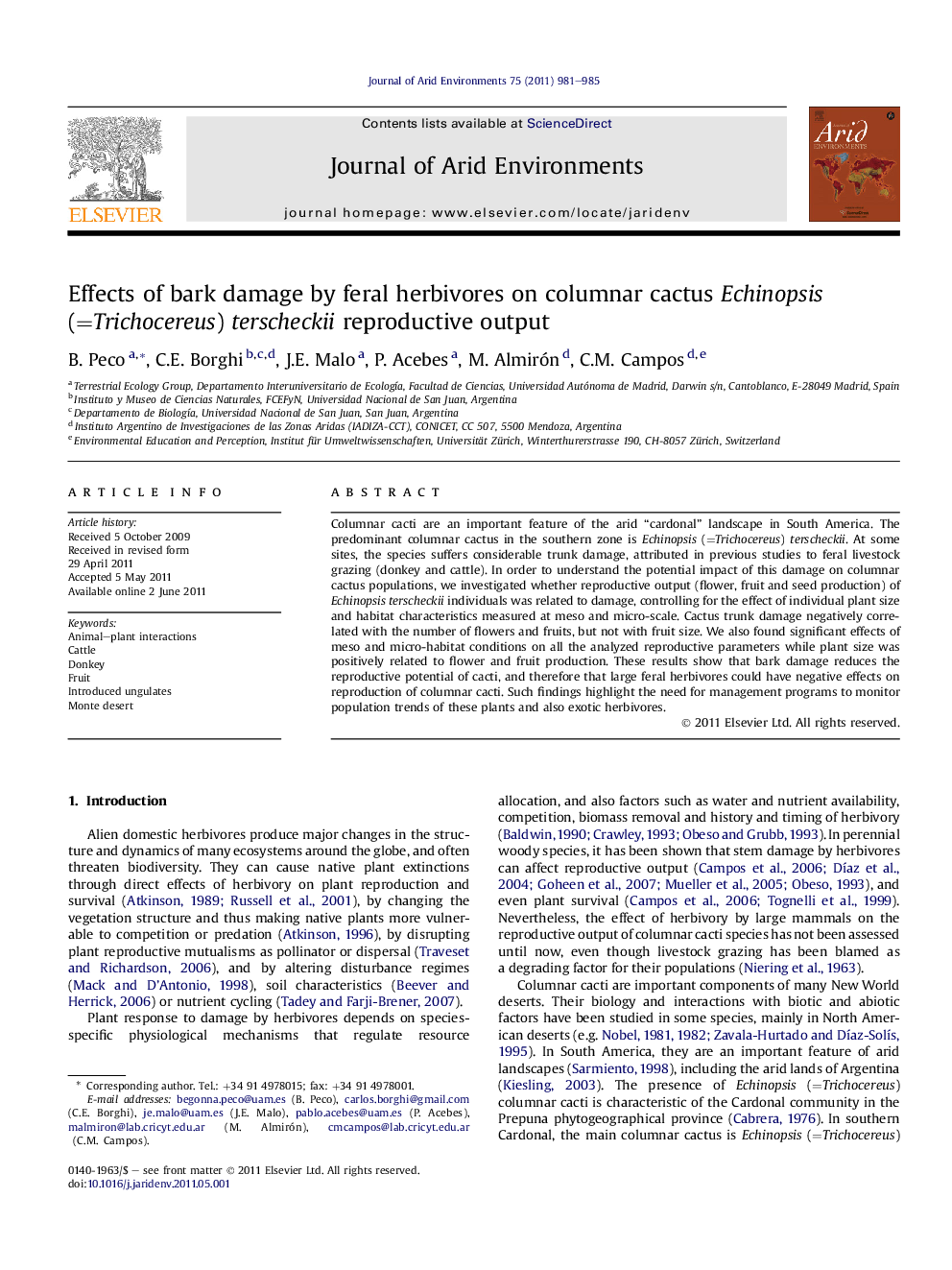 Effects of bark damage by feral herbivores on columnar cactus Echinopsis (=Trichocereus) terscheckii reproductive output