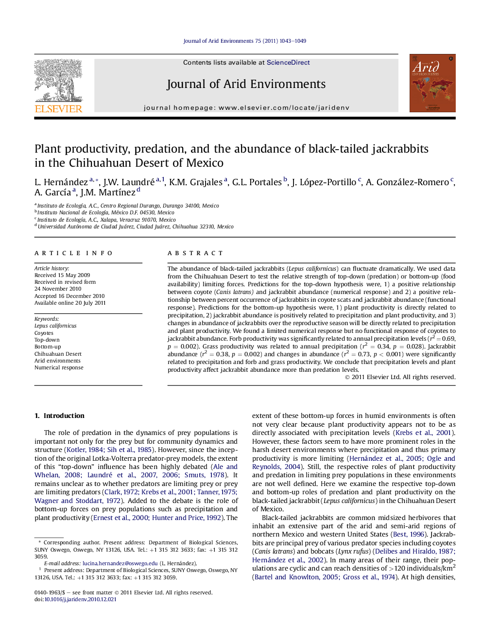 Plant productivity, predation, and the abundance of black-tailed jackrabbits in the Chihuahuan Desert of Mexico