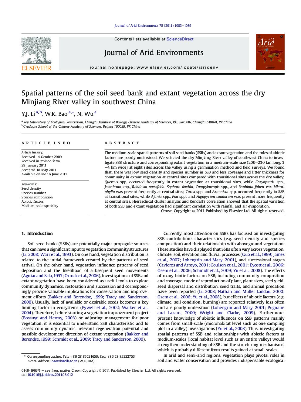 Spatial patterns of the soil seed bank and extant vegetation across the dry Minjiang River valley in southwest China