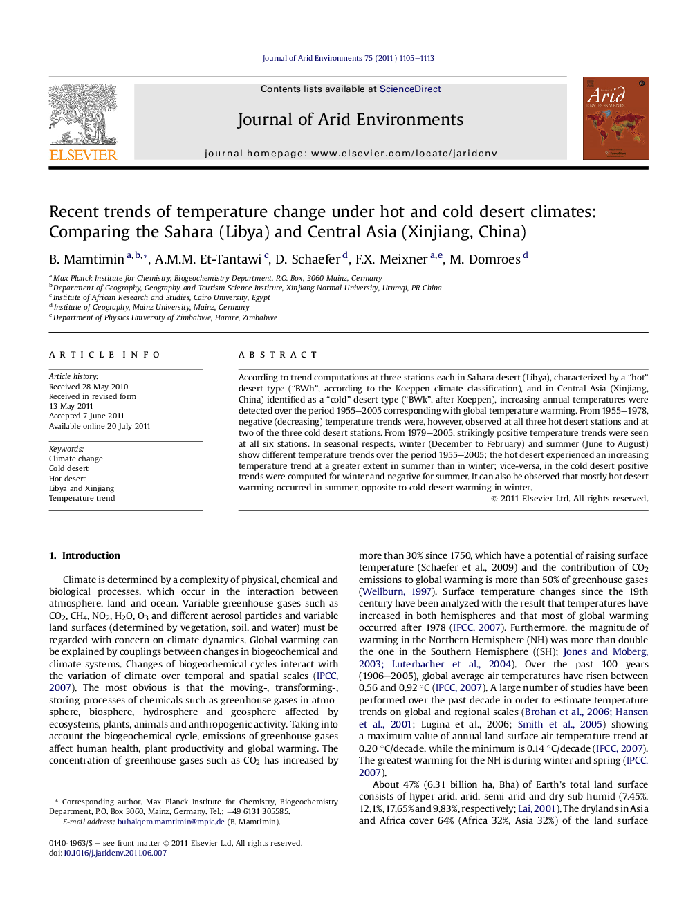 Recent trends of temperature change under hot and cold desert climates: Comparing the Sahara (Libya) and Central Asia (Xinjiang, China)