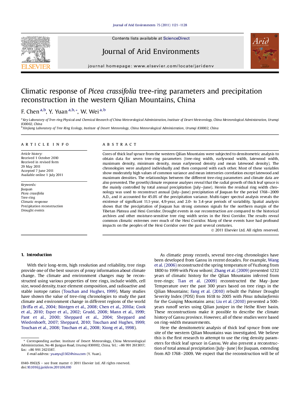 Climatic response of Picea crassifolia tree-ring parameters and precipitation reconstruction in the western Qilian Mountains, China