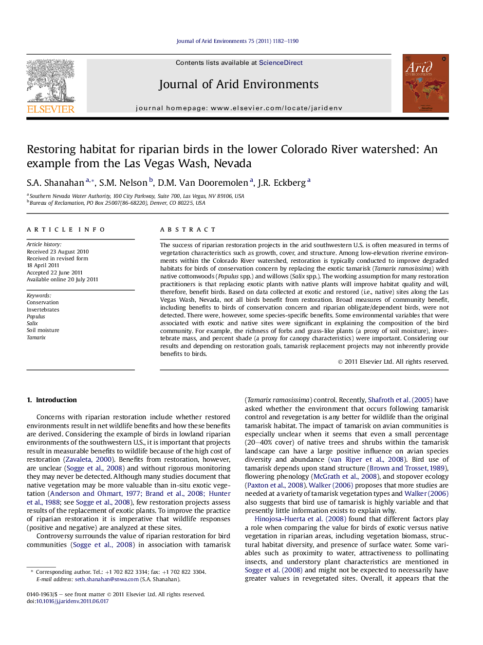 Restoring habitat for riparian birds in the lower Colorado River watershed: An example from the Las Vegas Wash, Nevada