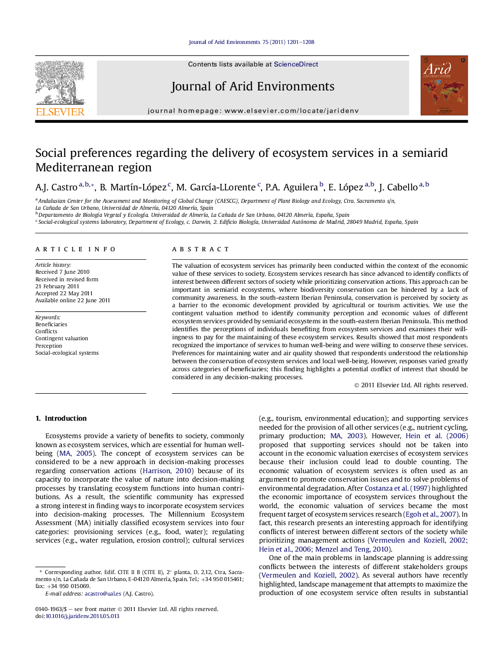 Social preferences regarding the delivery of ecosystem services in a semiarid Mediterranean region