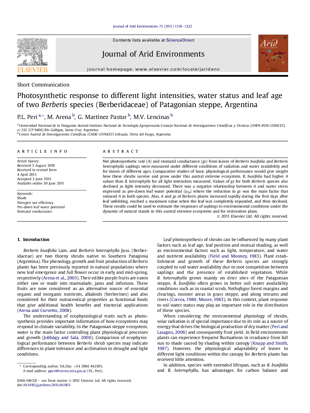 Photosynthetic response to different light intensities, water status and leaf age of two Berberis species (Berberidaceae) of Patagonian steppe, Argentina