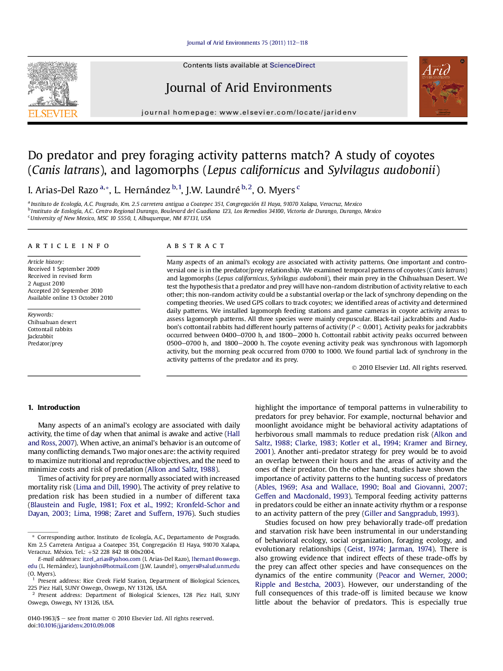 Do predator and prey foraging activity patterns match? A study of coyotes (Canis latrans), and lagomorphs (Lepus californicus and Sylvilagus audobonii)