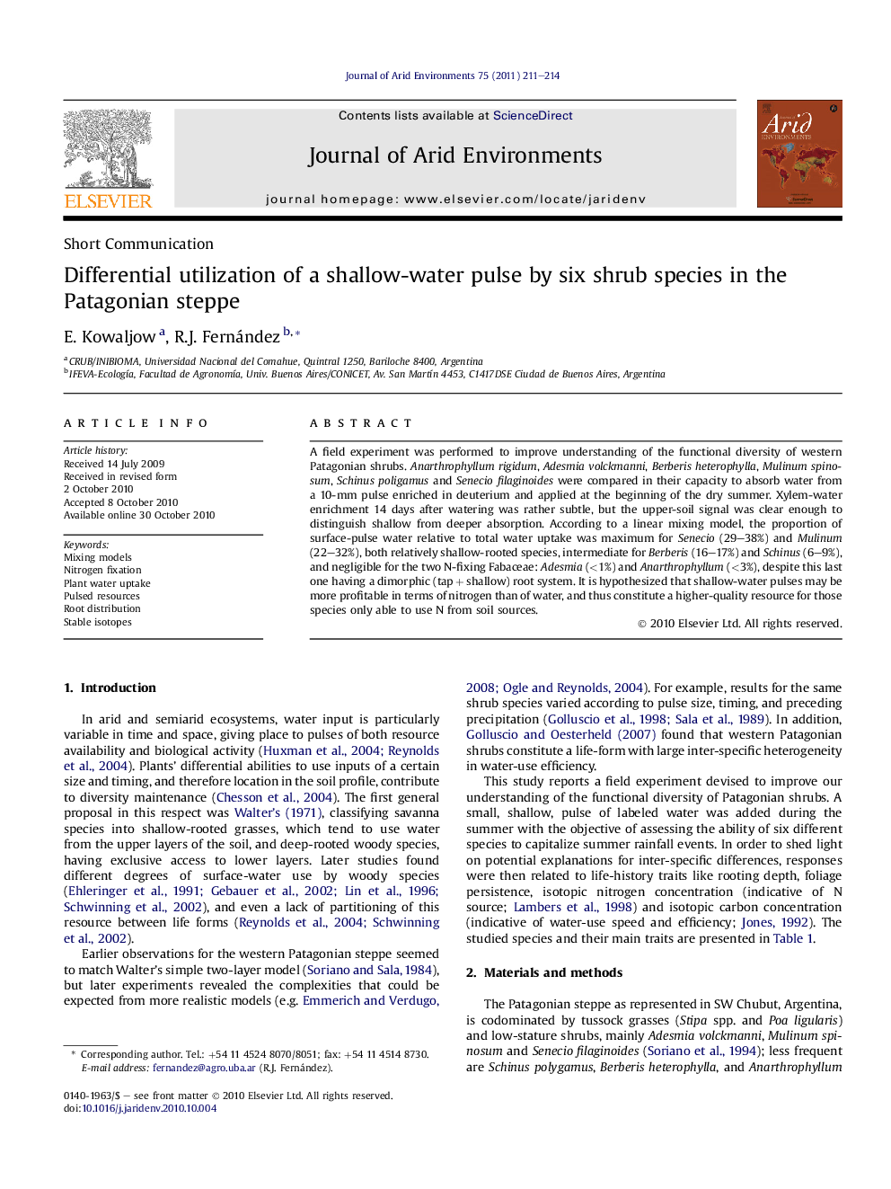 Differential utilization of a shallow-water pulse by six shrub species in the Patagonian steppe