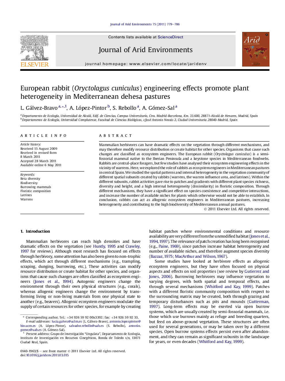 European rabbit (Oryctolagus cuniculus) engineering effects promote plant heterogeneity in Mediterranean dehesa pastures