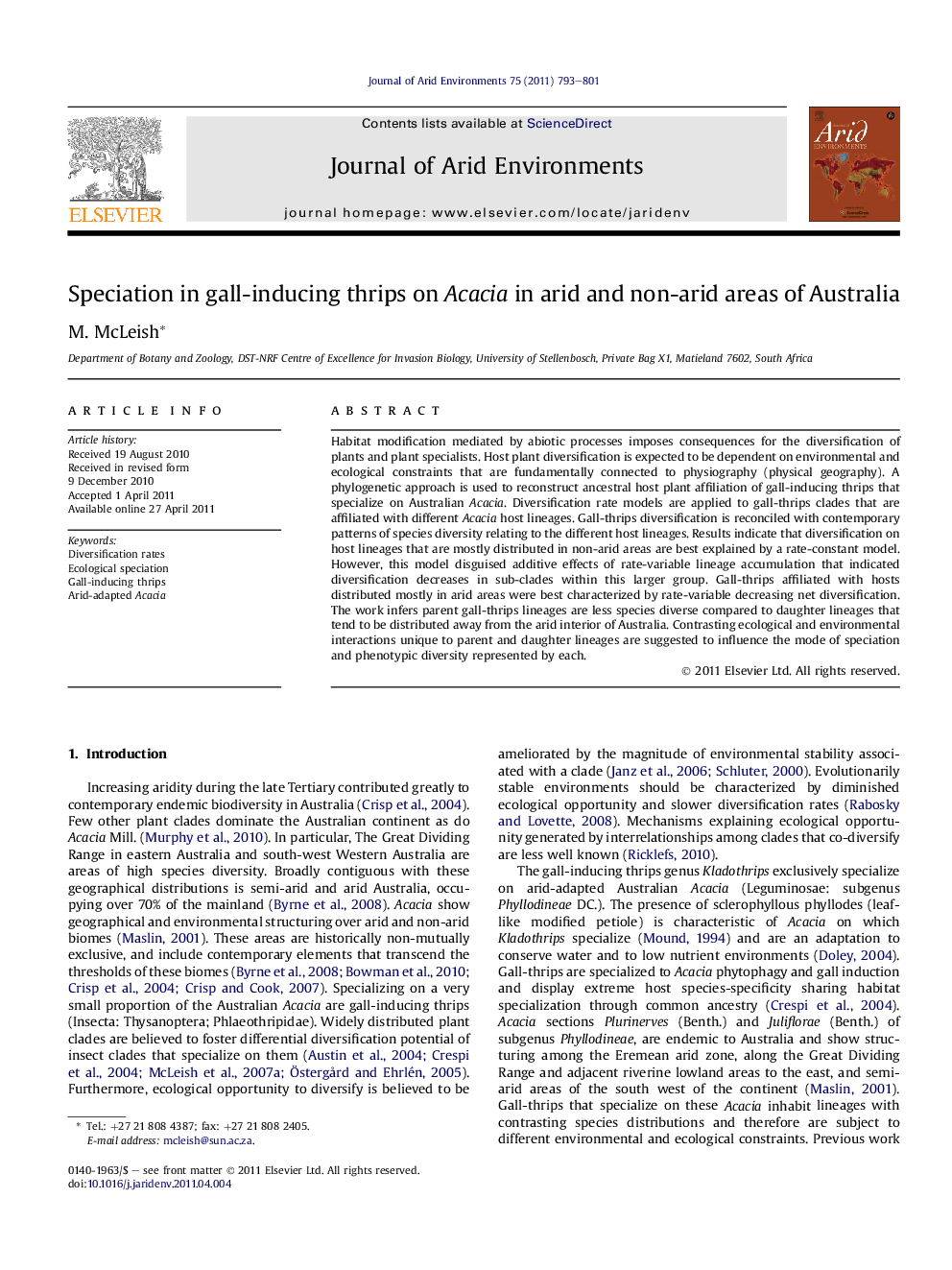 Speciation in gall-inducing thrips on Acacia in arid and non-arid areas of Australia