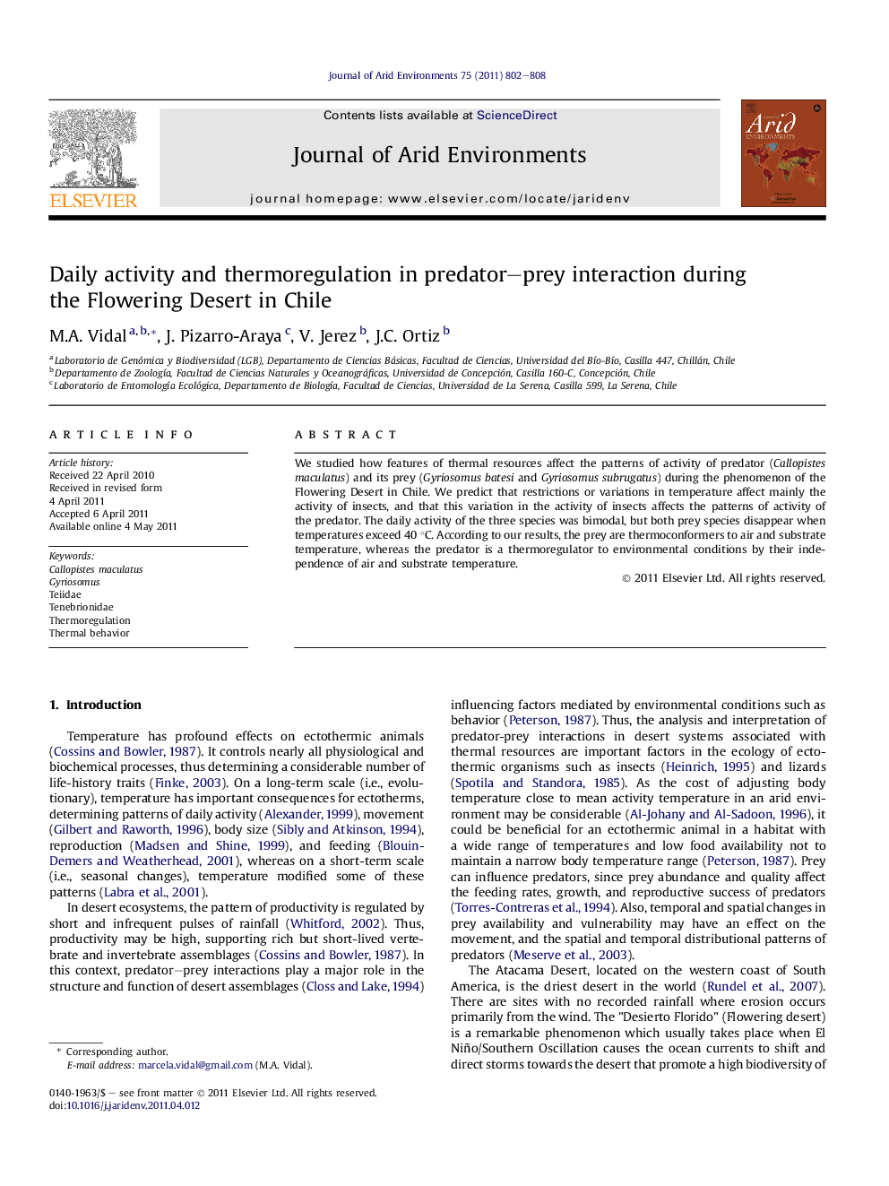 Daily activity and thermoregulation in predator–prey interaction during the Flowering Desert in Chile