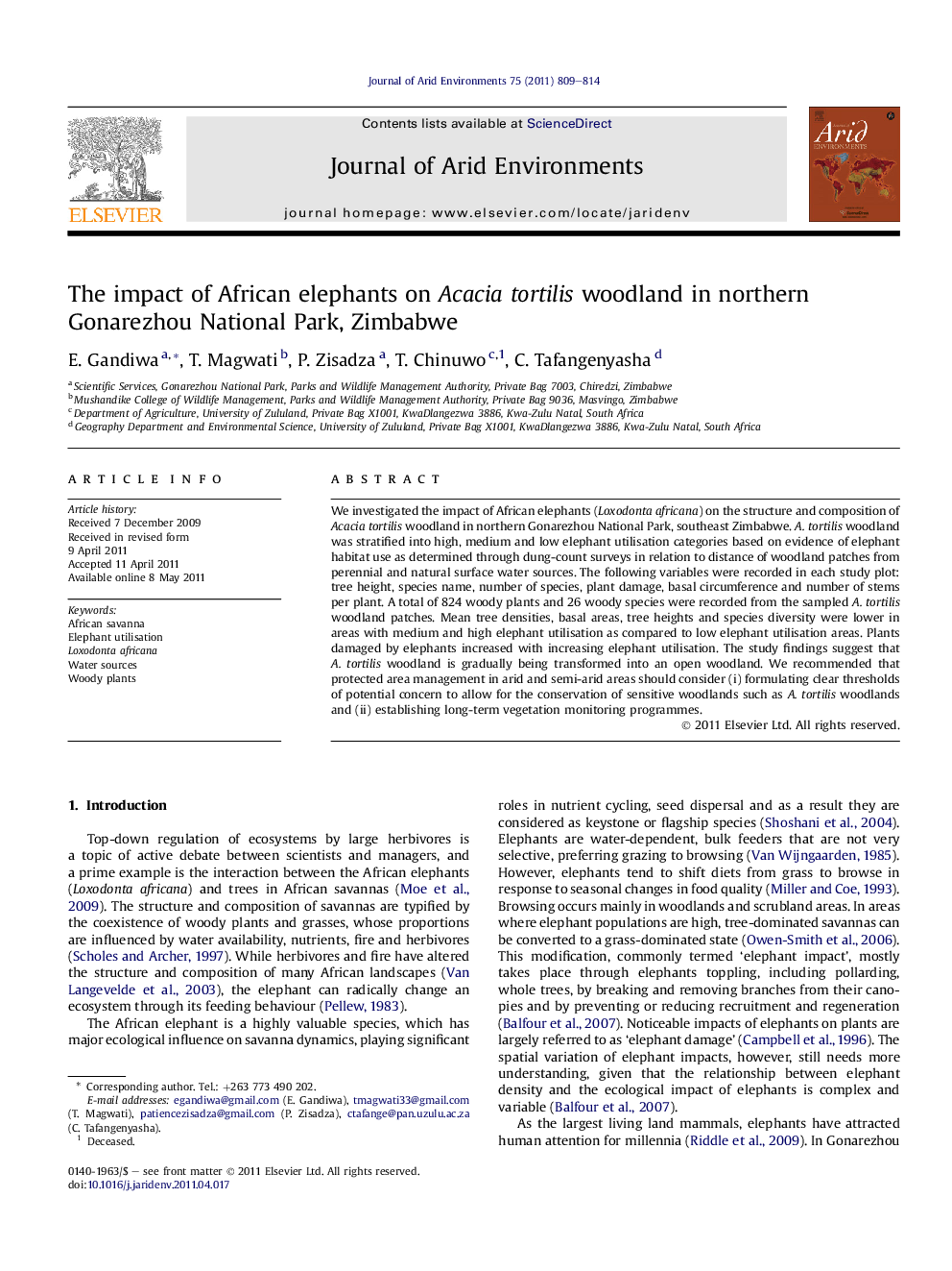 The impact of African elephants on Acacia tortilis woodland in northern Gonarezhou National Park, Zimbabwe