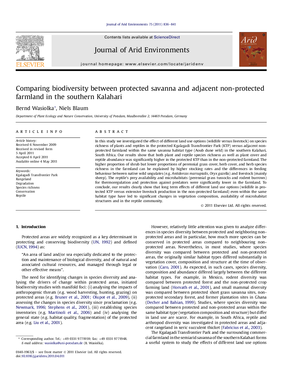 Comparing biodiversity between protected savanna and adjacent non-protected farmland in the southern Kalahari