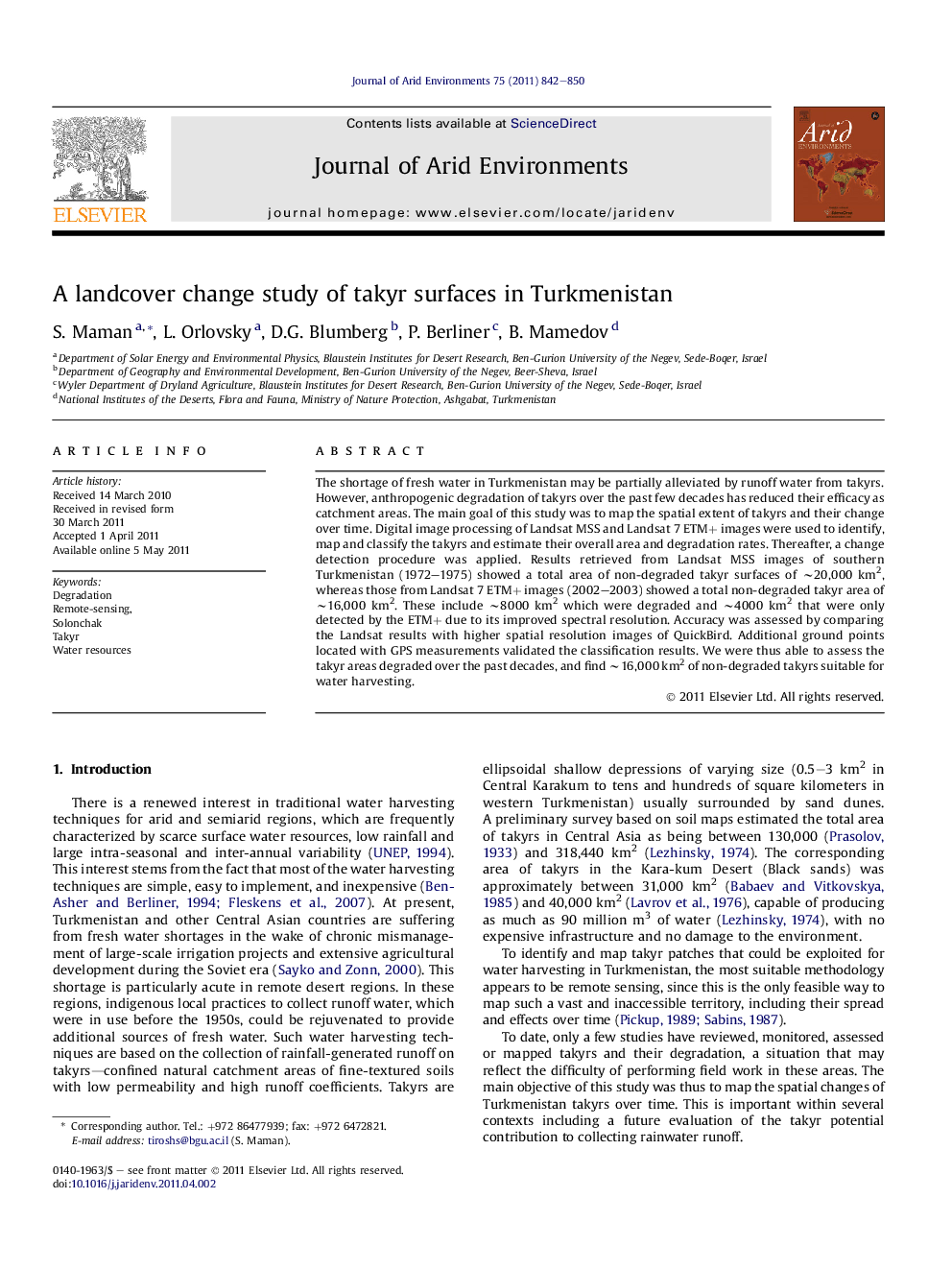 A landcover change study of takyr surfaces in Turkmenistan