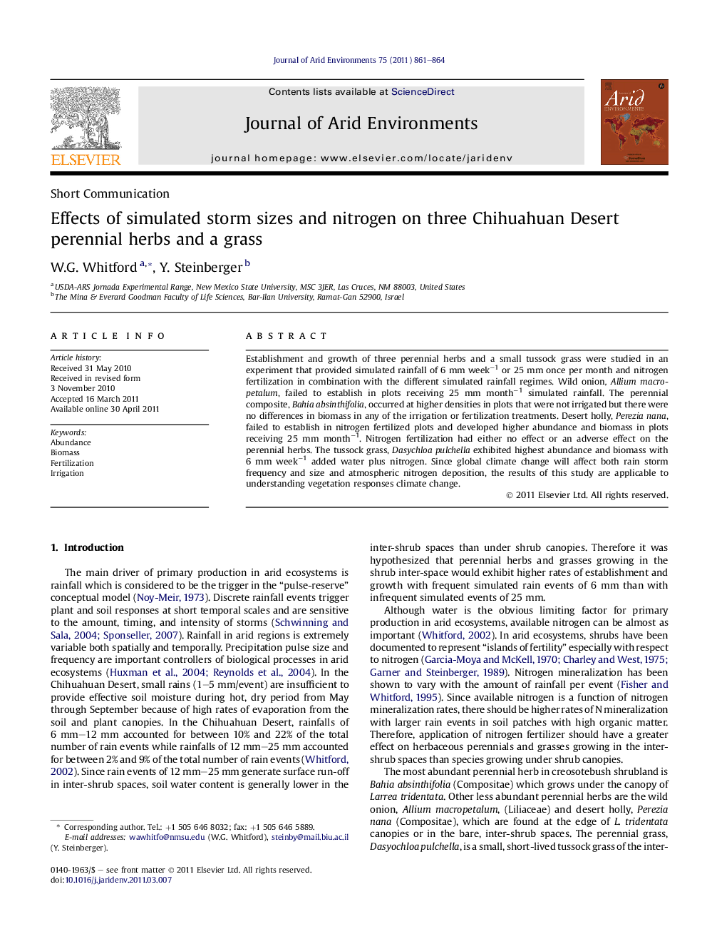 Effects of simulated storm sizes and nitrogen on three Chihuahuan Desert perennial herbs and a grass