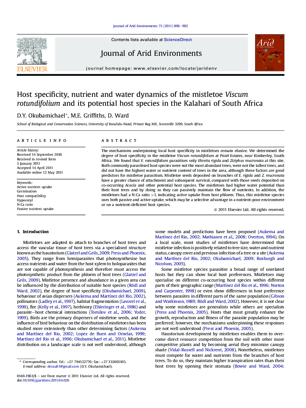Host specificity, nutrient and water dynamics of the mistletoe Viscum rotundifolium and its potential host species in the Kalahari of South Africa