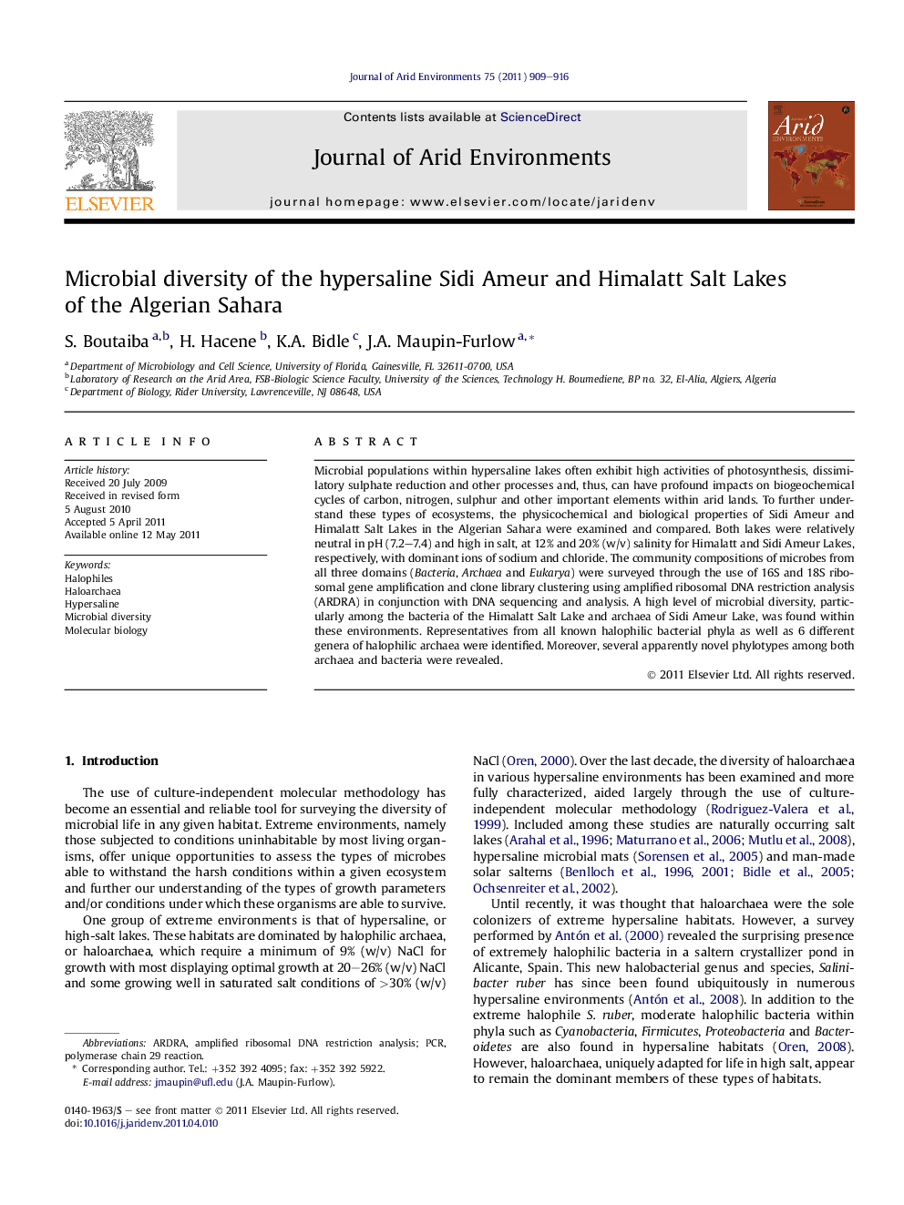 Microbial diversity of the hypersaline Sidi Ameur and Himalatt Salt Lakes of the Algerian Sahara