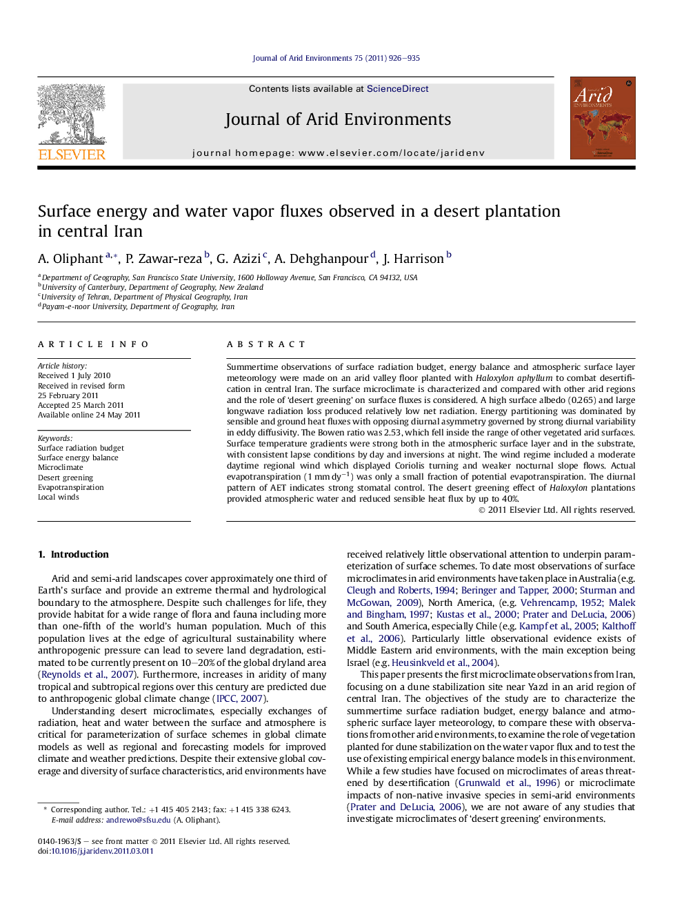 Surface energy and water vapor fluxes observed in a desert plantation in central Iran