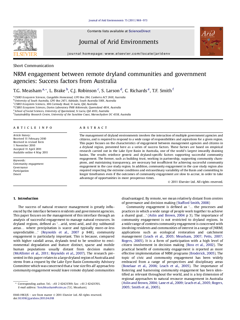 NRM engagement between remote dryland communities and government agencies: Success factors from Australia