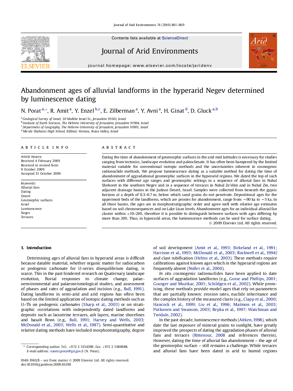 Abandonment ages of alluvial landforms in the hyperarid Negev determined by luminescence dating