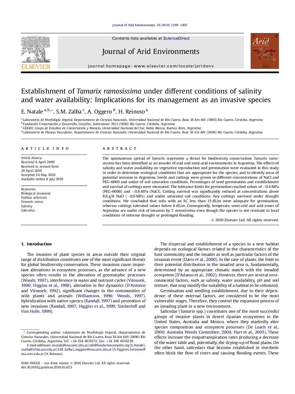 Establishment of Tamarix ramosissima under different conditions of salinity and water availability: Implications for its management as an invasive species