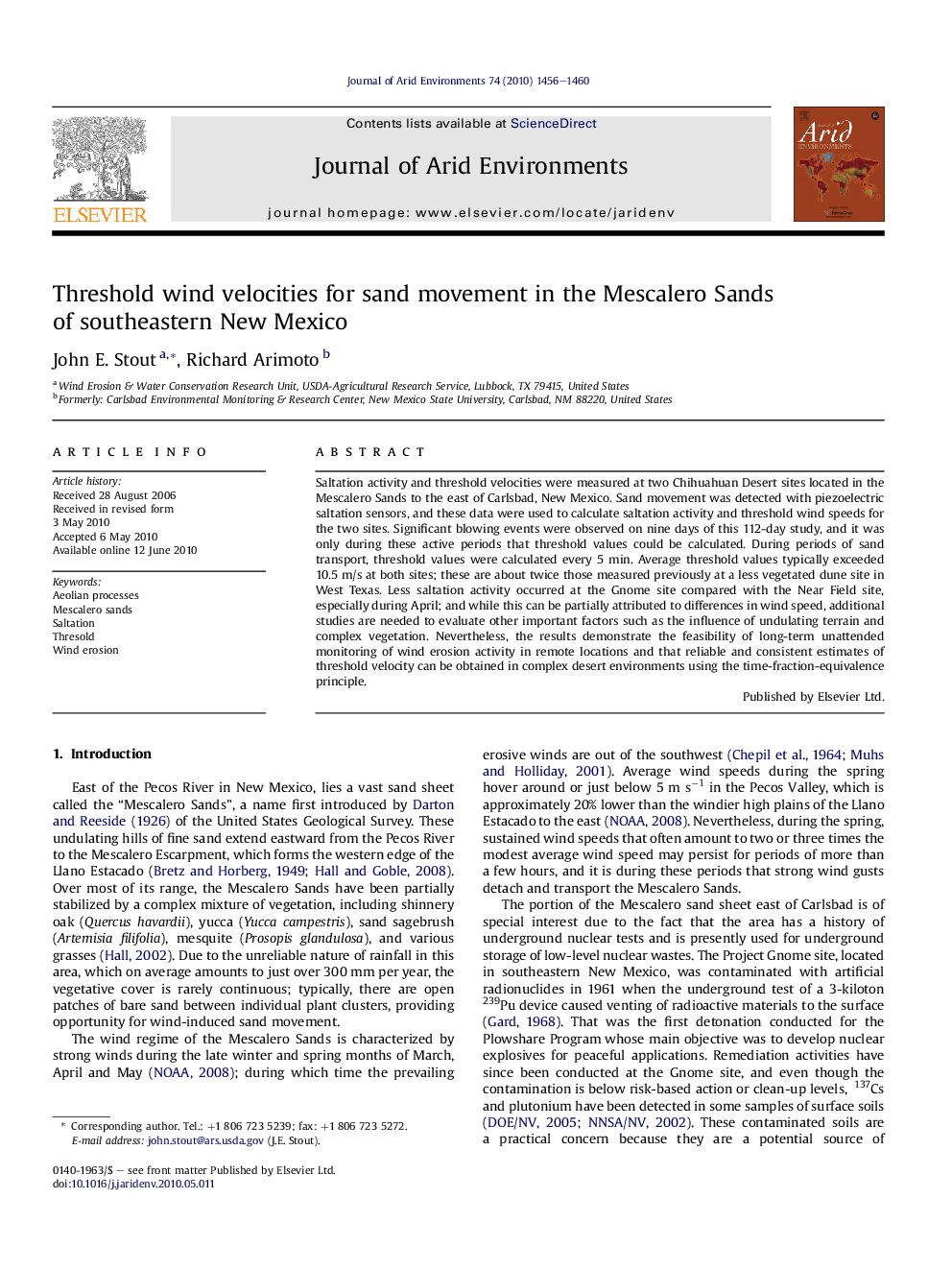 Threshold wind velocities for sand movement in the Mescalero Sands of southeastern New Mexico