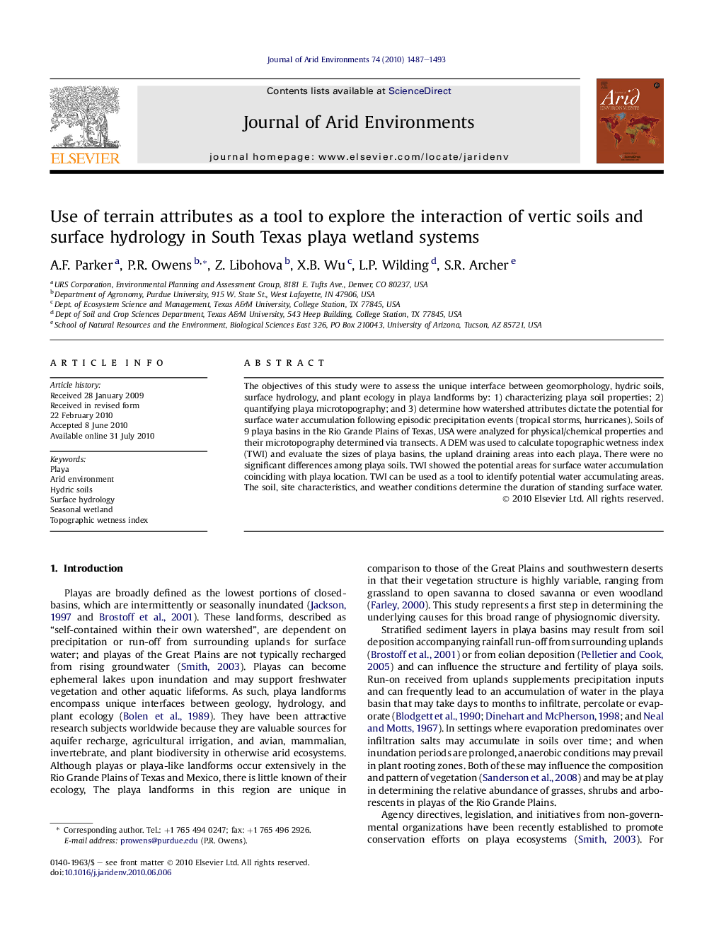 Use of terrain attributes as a tool to explore the interaction of vertic soils and surface hydrology in South Texas playa wetland systems