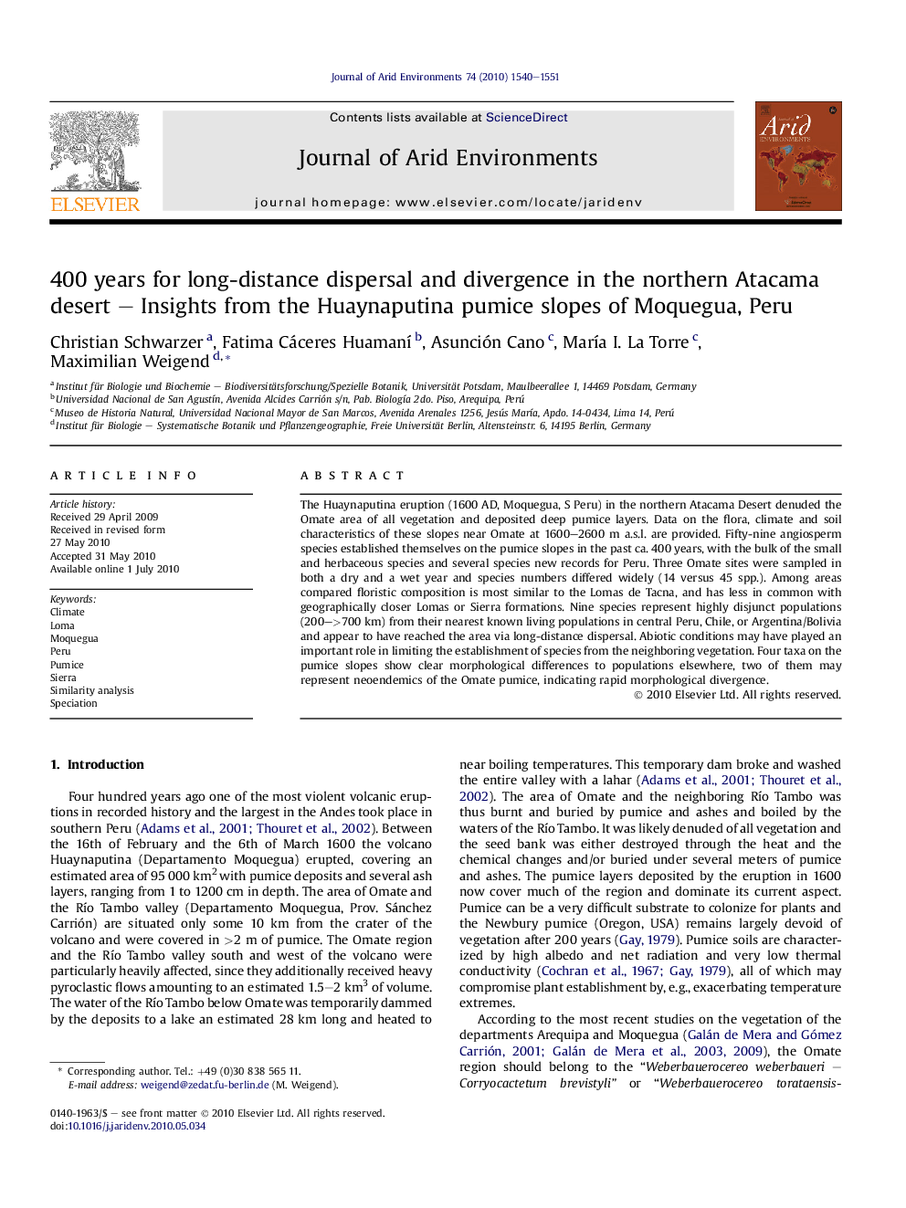 عکس صفحه اول مقاله: 400 years for long-distance dispersal and divergence in the northern Atacama desert - Insights from the Huaynaputina pumice slopes of Moquegua, Peru 400 years for long-distance dispersal and divergence in the northern Atacama desert - Insights from the Huaynaputina pumice slopes of Moquegua, Peru