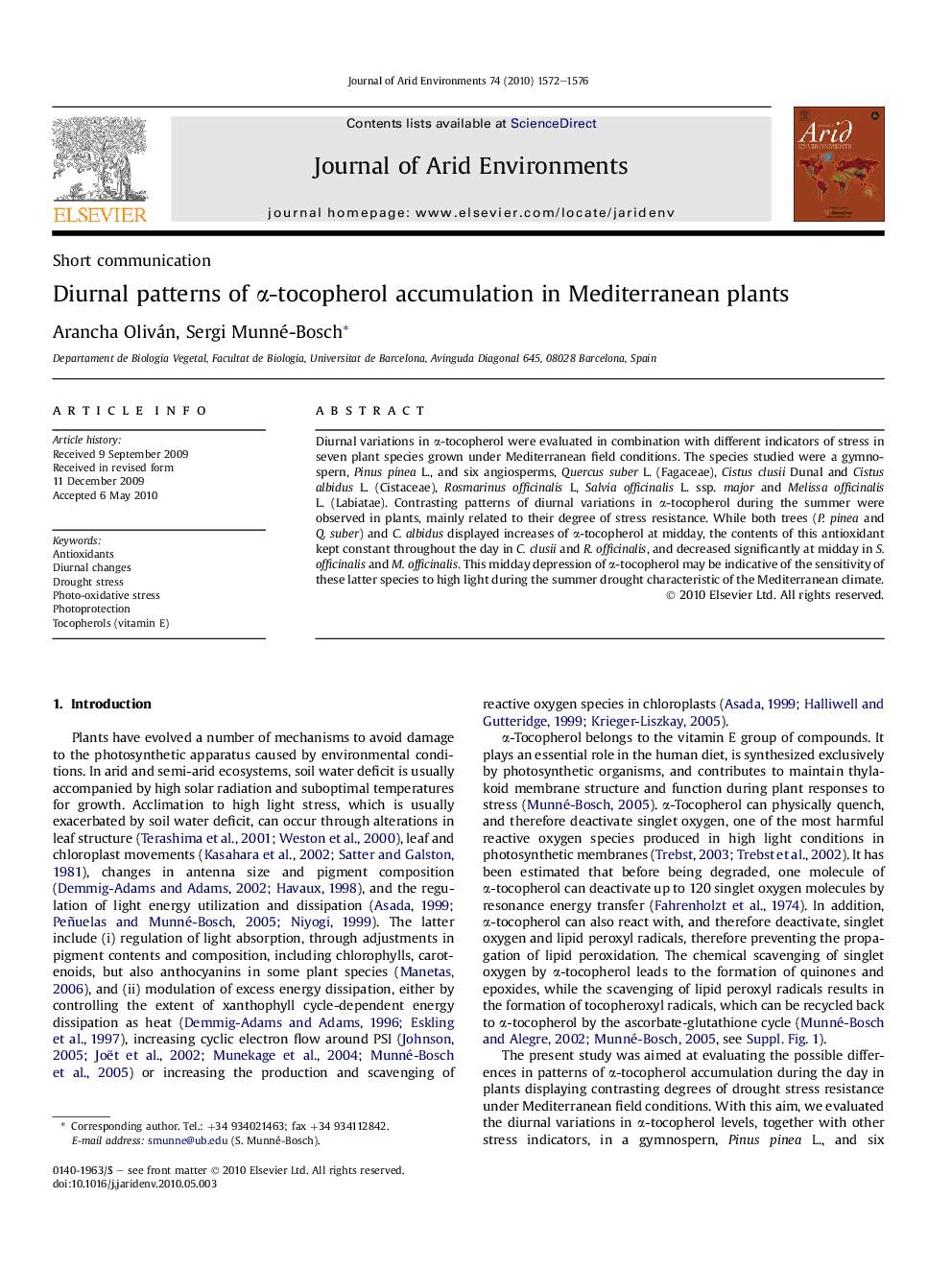 Diurnal patterns of α-tocopherol accumulation in Mediterranean plants